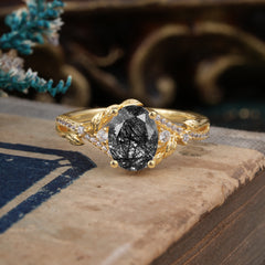 Luxury Nature-Inspired Oval Lab Diamond Alternative - Designer Black Rutilated Quartz Engagement Ring