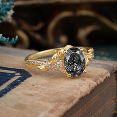 Luxury Nature-Inspired Oval Lab Diamond Alternative - Designer Black Rutilated Quartz Engagement Ring