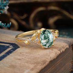 Luxury Nature-Inspired Oval Lab Diamond Alternative - Designer Natural Moss Agate Engagement Ring