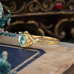 Luxury Nature-Inspired Oval Lab Diamond Alternative - Designer Natural Moss Agate Engagement Ring