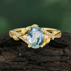 Luxury Nature-Inspired Oval Lab Diamond Alternative - Designer Natural Moss Agate Engagement Ring