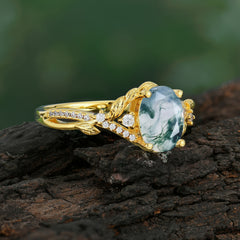 Luxury Nature-Inspired Oval Lab Diamond Alternative - Designer Natural Moss Agate Engagement Ring