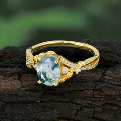 Luxury Nature-Inspired Oval Lab Diamond Alternative - Designer Natural Moss Agate Engagement Ring