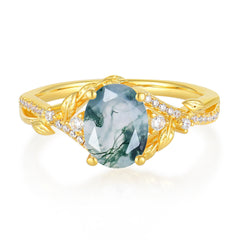 Luxury Nature-Inspired Oval Lab Diamond Alternative - Designer Natural Moss Agate Engagement Ring