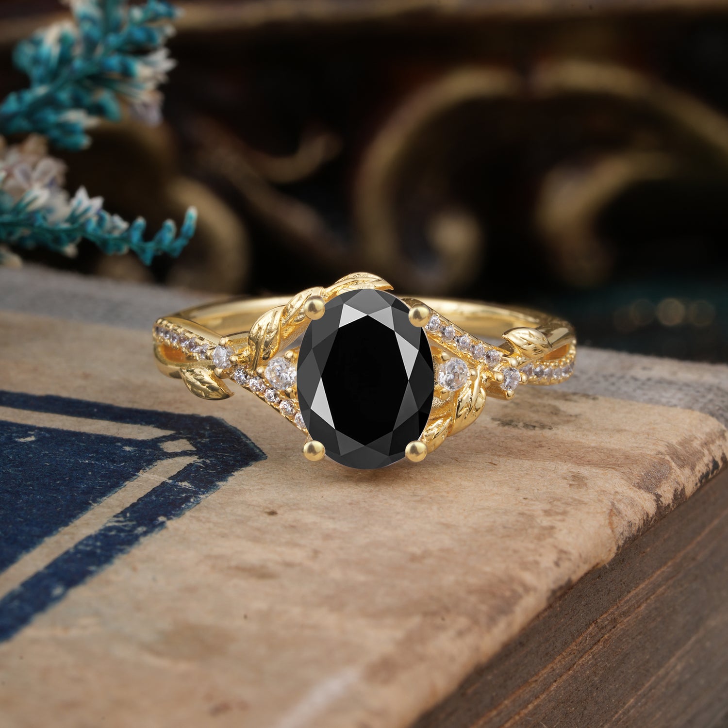 Luxury Nature-Inspired Oval-Cut Black Onyx Engagement Ring