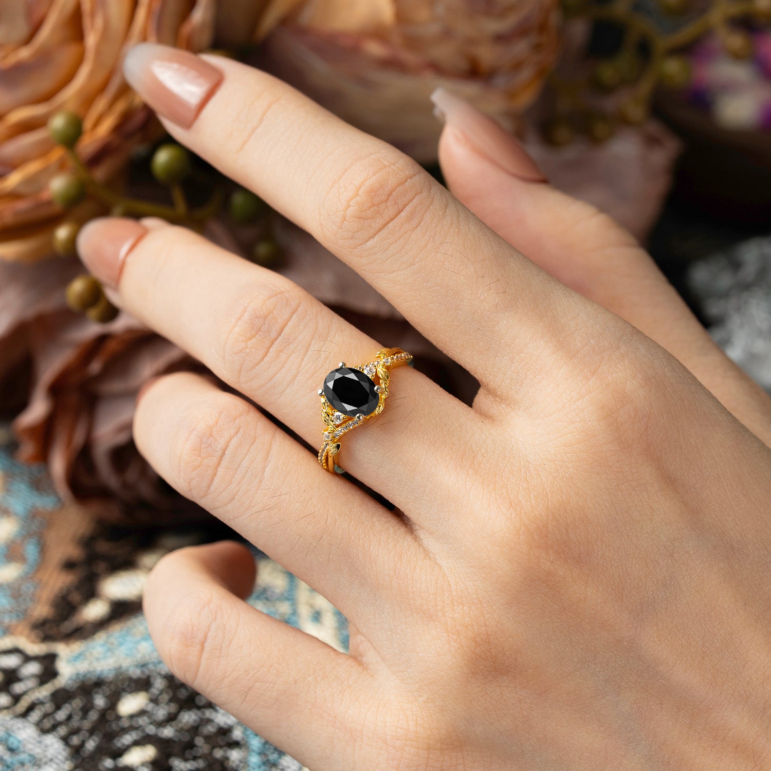 Luxury Nature-Inspired Oval-Cut Black Onyx Engagement Ring