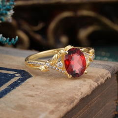 Luxury Nature-Inspired Oval Lab Diamond Alternative - Designer Garnet Engagement Ring