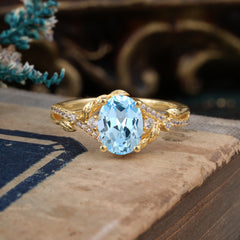 Luxury Nature-Inspired Oval Lab Diamond Alternative - Designer Aquamarine Engagement Ring