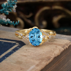 Luxury Nature-Inspired Oval Lab Diamond Alternative - Designer Aquamarine Engagement Ring