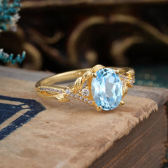 Luxury Nature-Inspired Oval Lab Diamond Alternative - Designer Aquamarine Engagement Ring