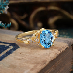 Luxury Nature-Inspired Oval Lab Diamond Alternative - Designer Aquamarine Engagement Ring