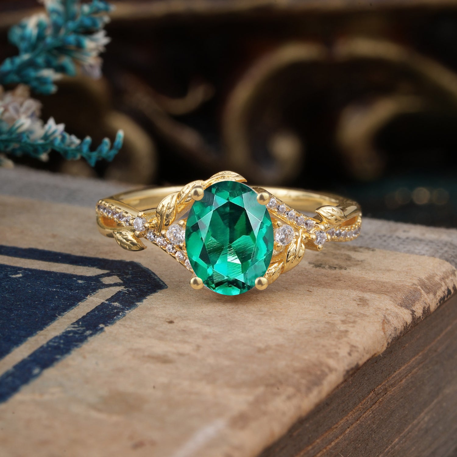 Luxury Nature-Inspired Oval Cut Emerald Engagement Ring