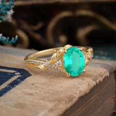 Luxury Nature-Inspired Oval Lab Diamond Alternative - Designer Emerald Engagement Ring