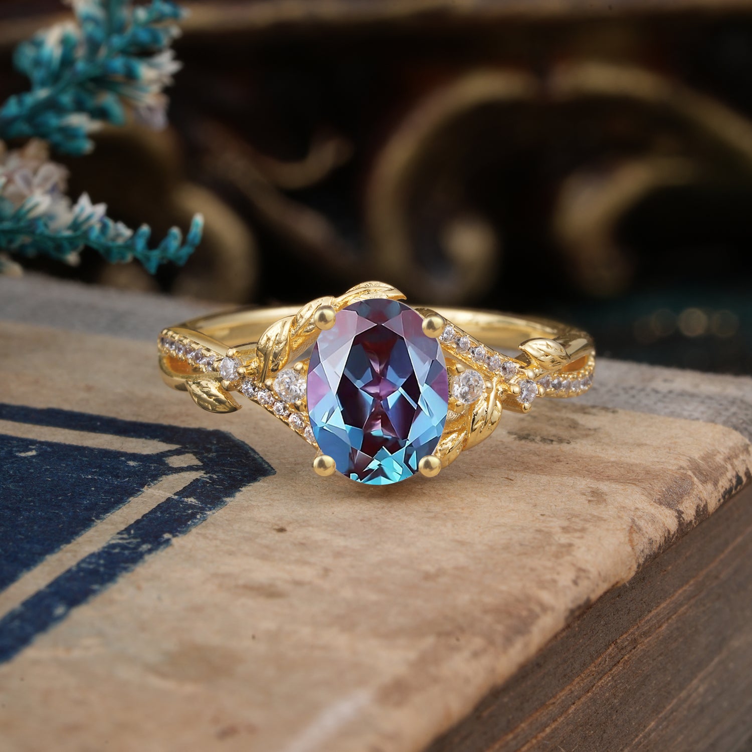 Luxury Nature-Inspired Oval Cut Alexandrite Engagement Ring