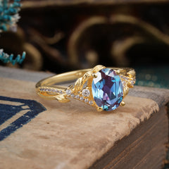 Luxury Nature-Inspired Oval Lab Diamond Alternative - Designer Alexandrite Engagement Ring