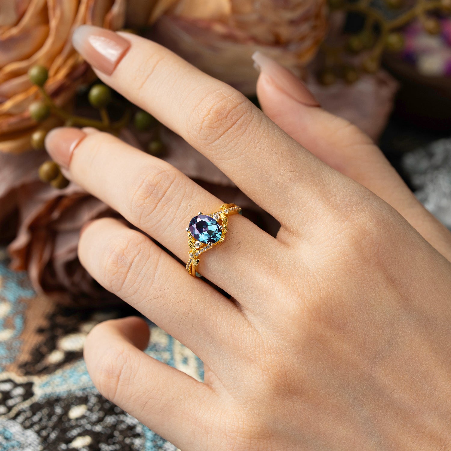 Luxury Nature-Inspired Oval Cut Alexandrite Engagement Ring