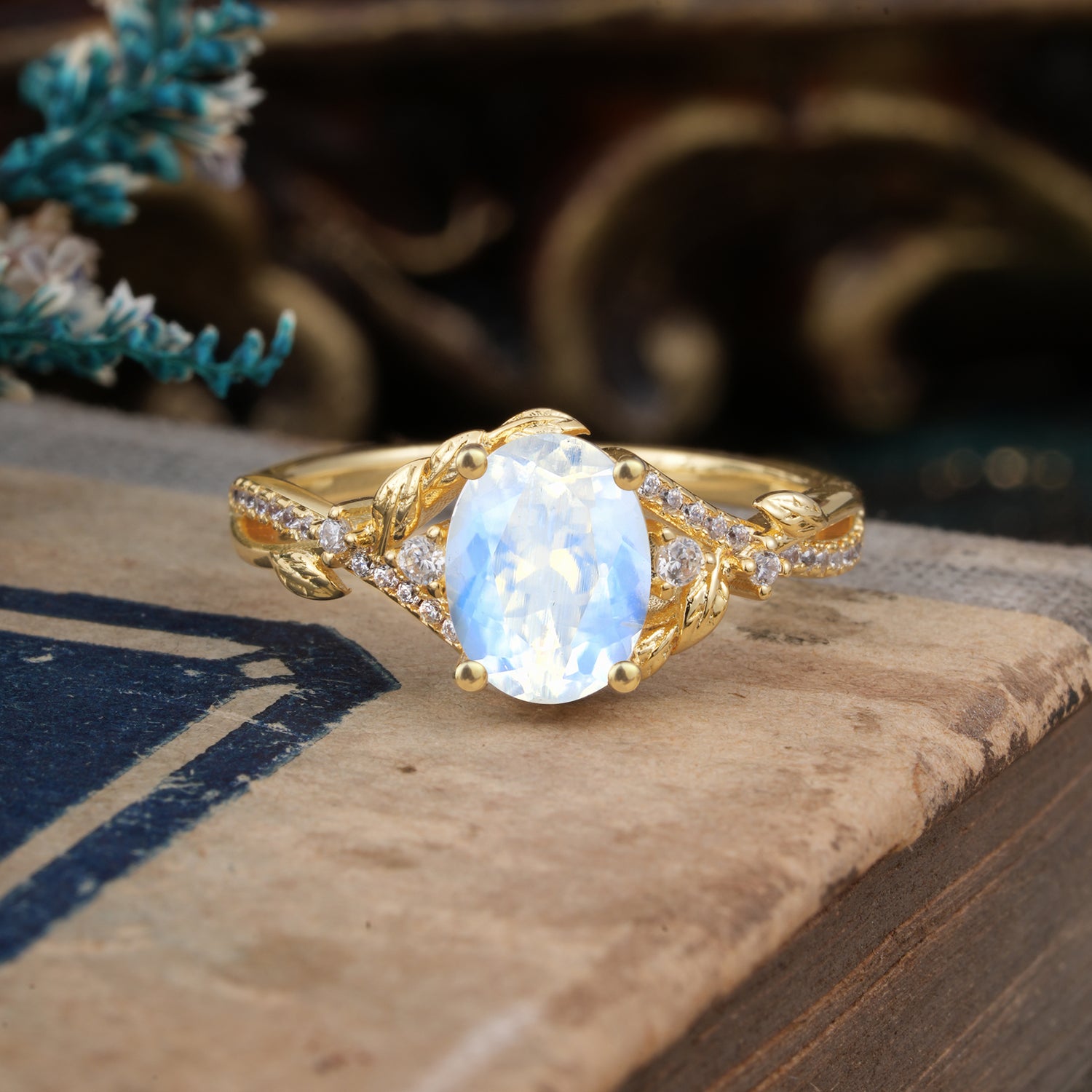 Luxury Nature-Inspired Oval-Cut Moonstone Engagement Ring