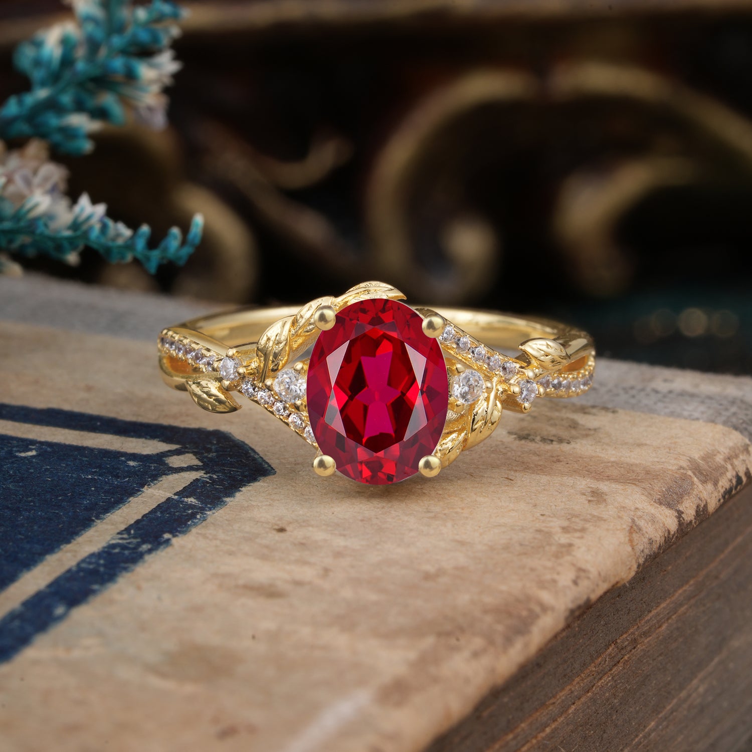 Luxury Nature-Inspired Oval Cut Ruby Engagement Ring