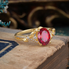 Luxury Nature-Inspired Oval Lab Diamond Alternative - Designer Ruby Engagement Ring