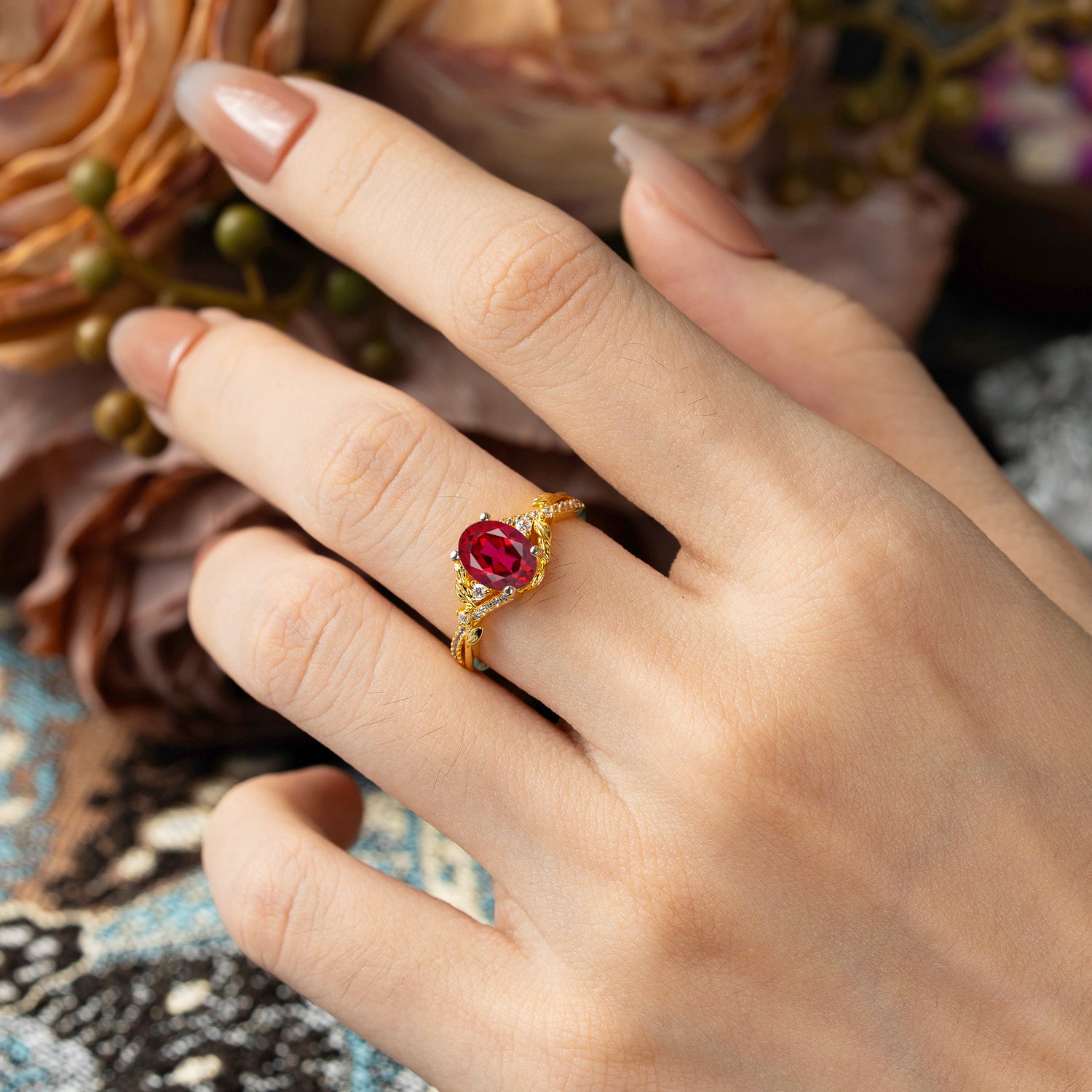 Luxury Nature-Inspired Oval Cut Ruby Engagement Ring
