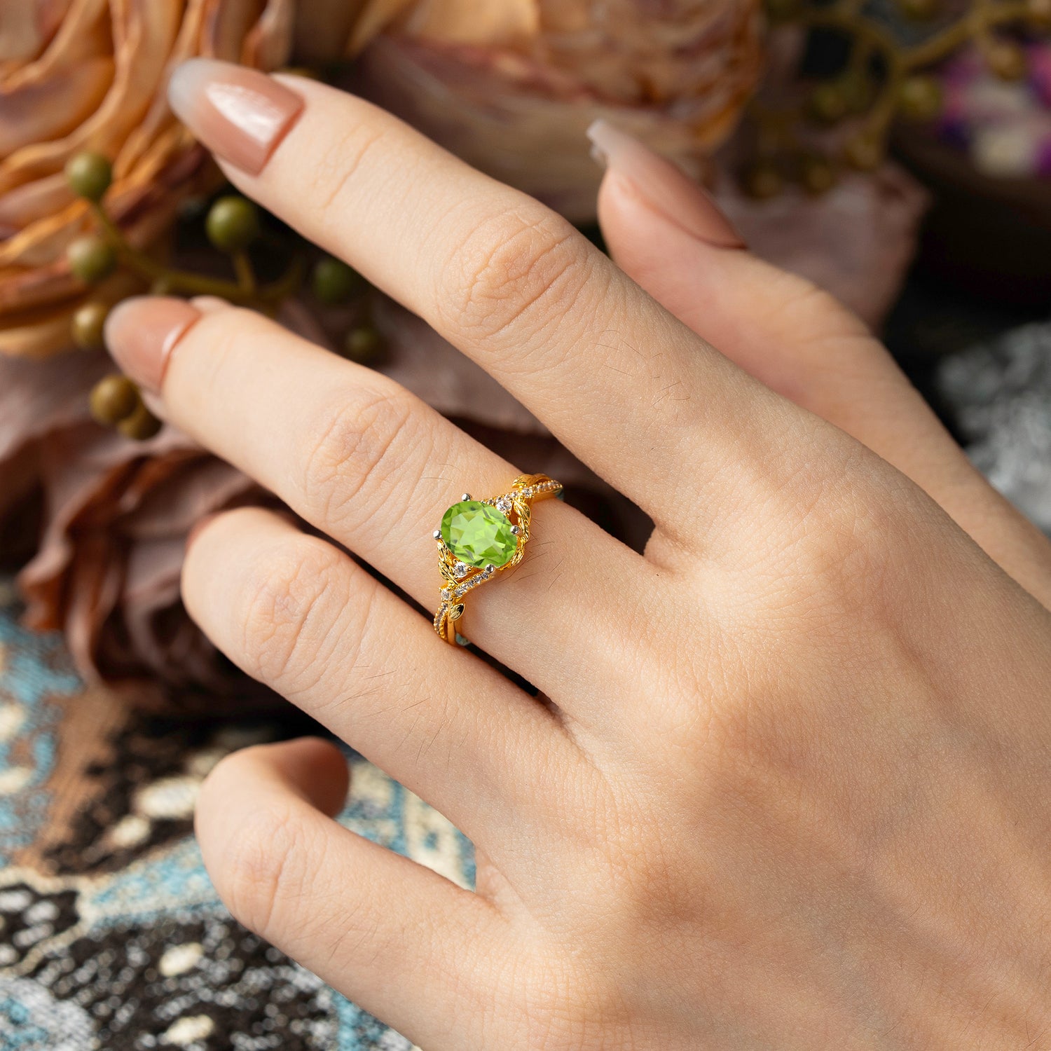 Luxury Nature-Inspired Oval-Cut Peridot Engagement Ring