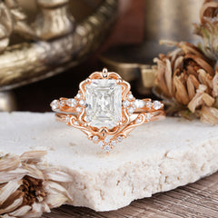 Vintage 4-Prong Emerald-Cut Moissanite Ring Set