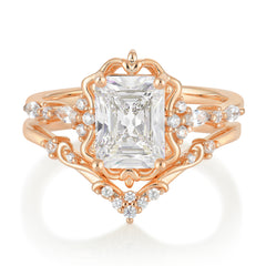 Vintage 4-Prong Emerald-Cut Moissanite Ring Set