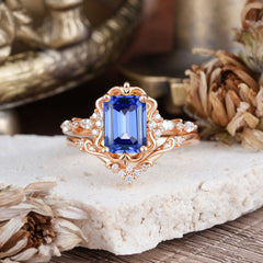 Vintage 4-Prong Emerald-Cut Sapphire Ring Set