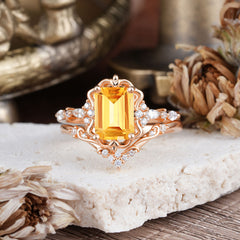 Vintage 4-Prong Emerald-Cut Citrine Ring Set