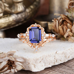 Vintage 4-Prong Emerald-Cut Tanzanite Ring Set