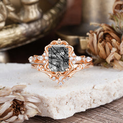 Vintage 4-Prong Emerald-Cut Black Rutilated Quartz Ring Set