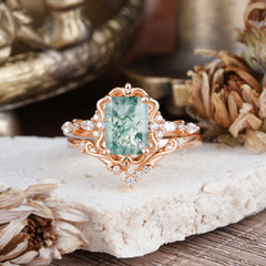 Vintage 4-Prong Emerald-Cut Moss Agate Ring Set