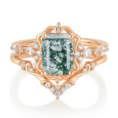 Vintage 4-Prong Emerald-Cut Moss Agate Ring Set
