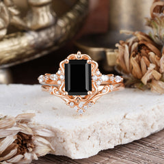 Vintage 4-Prong Emerald-Cut Black Onyx Ring Set