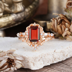 Vintage 4-Prong Emerald-Cut Garnet Ring Set