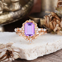 Vintage 4-Prong Emerald-Cut Amethyst Ring Set