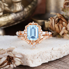 Vintage 4-Prong Emerald-Cut Aquamarine Ring Set