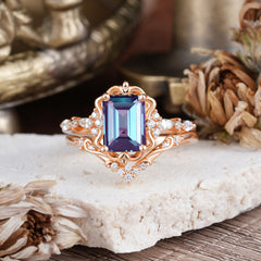 Vintage 4-Prong Emerald-Cut Alexandrite Ring Set