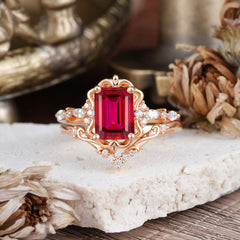 Vintage 4-Prong Emerald-Cut Ruby Ring Set