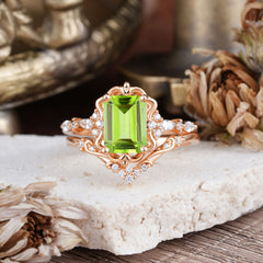 Vintage 4-Prong Emerald-Cut Peridot Ring Set