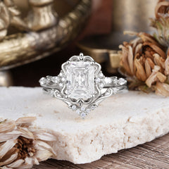 Vintage 4-Prong Emerald-Cut Moissanite Ring Set
