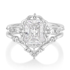 Vintage 4-Prong Emerald-Cut Moissanite Ring Set