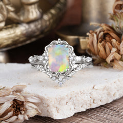 Vintage 4-Prong Emerald-Cut Opal Ring Set