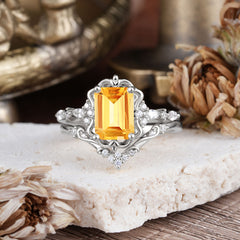 Vintage 4-Prong Emerald-Cut Citrine Ring Set