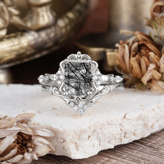 Vintage 4-Prong Emerald-Cut Black Rutilated Quartz Ring Set