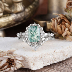 Vintage 4-Prong Emerald-Cut Moss Agate Ring Set
