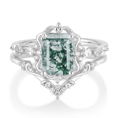 Vintage 4-Prong Emerald-Cut Moss Agate Ring Set