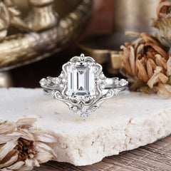 Vintage 4-Prong Emerald-Cut Lab Diamond Ring Set