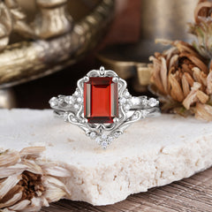 Vintage 4-Prong Emerald-Cut Garnet Ring Set