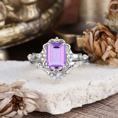 Vintage 4-Prong Emerald-Cut Amethyst Ring Set